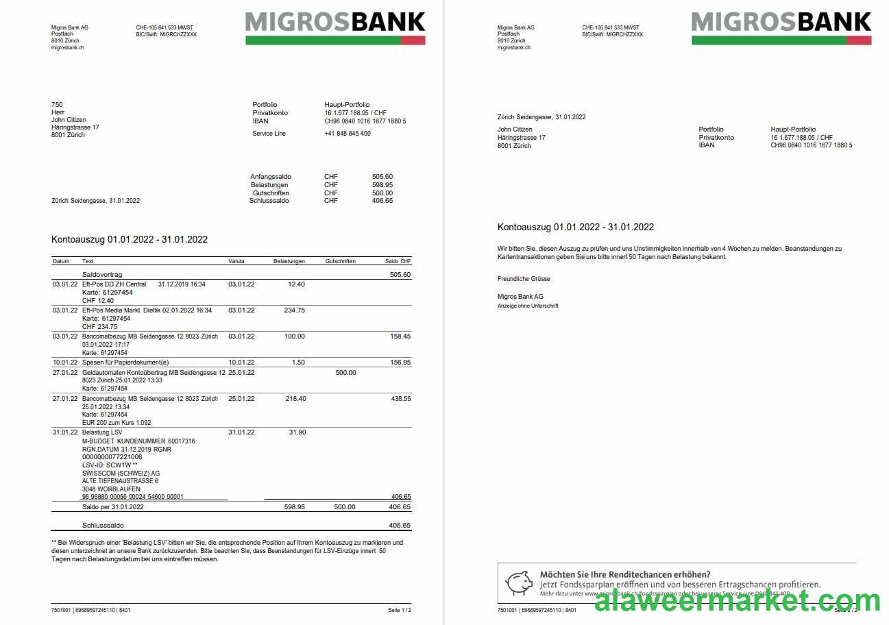 Switzerland Migrosbank statement 2 pages